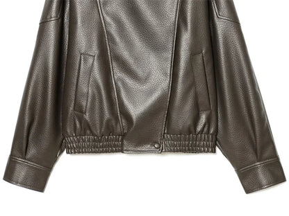 Women's Jacket Fall 2025 New Black Long Sleeve Pebble Faux Leather Jacket Motorcycle Style Personality Fashion