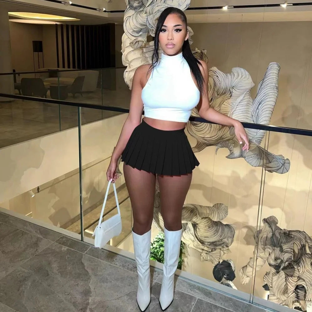 Sexy Mini Skirt Solid Color Girl Pleated Skirt Elegant Versatile Female Skirt  A-Line UltraShort Skirt New Summer Streetwear