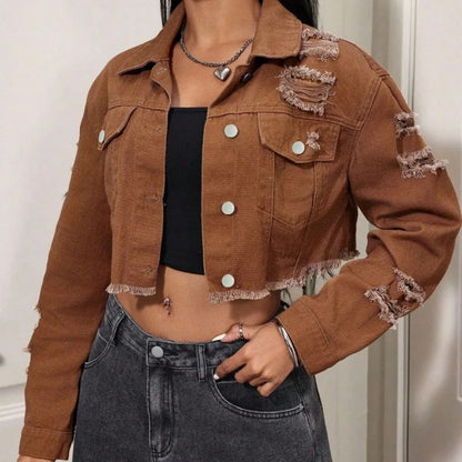 Women's  New Non-Stretch Denim Jacket Distressed Ripped Cropped Fringe Hem Casual Vintage Y2K Streetwear Button Down Coat