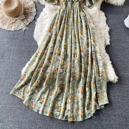 Boho Floral Print Chiffon Maxi Dress Women Sexy V Neck Short Sleeve Long Beach Dress Summer Holiday Sundress Vestidos
