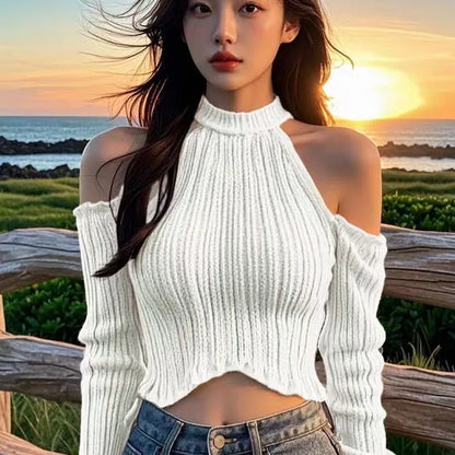 2026 Solid Elegant Off Shoulder Ribbed Crop Tops Autumn Fashion Casual Skinny Long Sleeve Camis Gentle Y2K Tight T-shirts