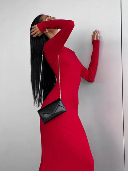 Party Dresses For Women Fashion Sexy Solid Full Sleeves O-Neck Split Bodycon Sheath Long Vestidos Robes Female Elegant Regular