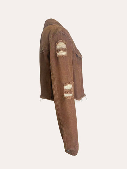Women's  New Non-Stretch Denim Jacket Distressed Ripped Cropped Fringe Hem Casual Vintage Y2K Streetwear Button Down Coat