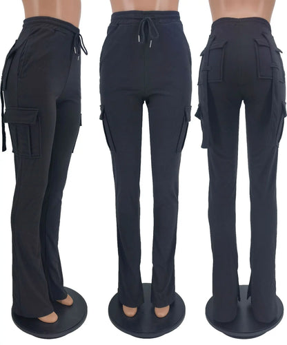 Cargo Pant Women Long Pants Sexy Slim Fit Casual Drawstring Splice Button Pocket Straight Trousers Lace Up High Elastic Waist