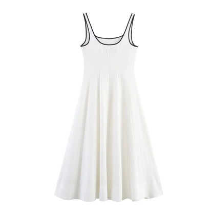 Women Midi Dress Female Casual Suspender Dress Color Contrasting Edge 2025 Summer Ladies Slim Square Collar Elegant Long Dresses
