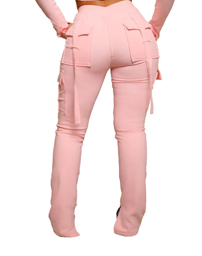 Cargo Pant Women Long Pants Sexy Slim Fit Casual Drawstring Splice Button Pocket Straight Trousers Lace Up High Elastic Waist
