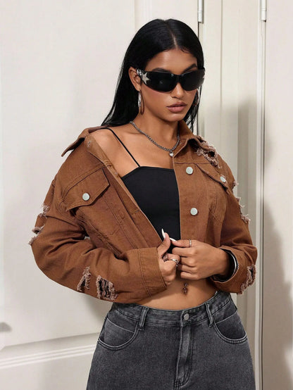 Women's  New Non-Stretch Denim Jacket Distressed Ripped Cropped Fringe Hem Casual Vintage Y2K Streetwear Button Down Coat