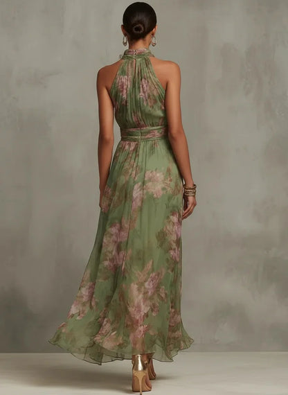 Green Floral Print Maxi Dress Sexy Elegant Halter Sleeveless Hollow Dress Ladies Summer New High Waist Boho Evening Party Dress
