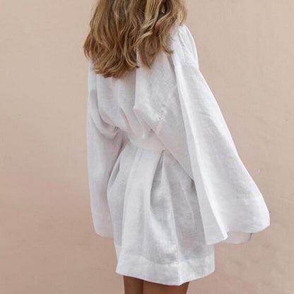 Long Sleeve V Neck Mini Dress Lace Up V Neck Belt Robe Style Short Shirt Dress Comfy Soft Chic Loose Hem Cardigan Dress
