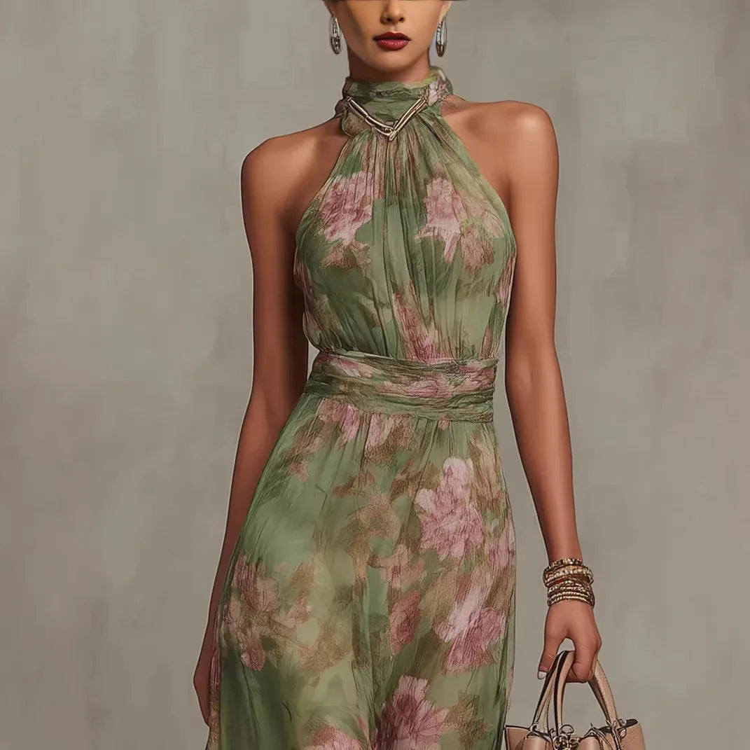 Green Floral Print Maxi Dress Sexy Elegant Halter Sleeveless Hollow Dress Ladies Summer New High Waist Boho Evening Party Dress