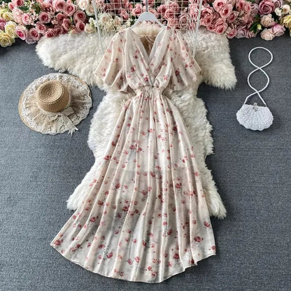 Boho Floral Print Chiffon Maxi Dress Women Sexy V Neck Short Sleeve Long Beach Dress Summer Holiday Sundress Vestidos