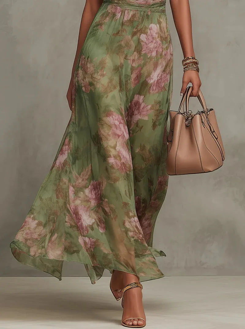 Green Floral Print Maxi Dress Sexy Elegant Halter Sleeveless Hollow Dress Ladies Summer New High Waist Boho Evening Party Dress