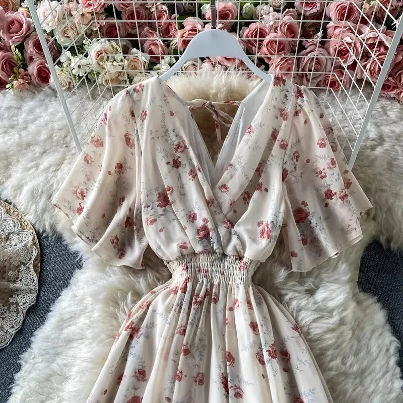 Boho Floral Print Chiffon Maxi Dress Women Sexy V Neck Short Sleeve Long Beach Dress Summer Holiday Sundress Vestidos