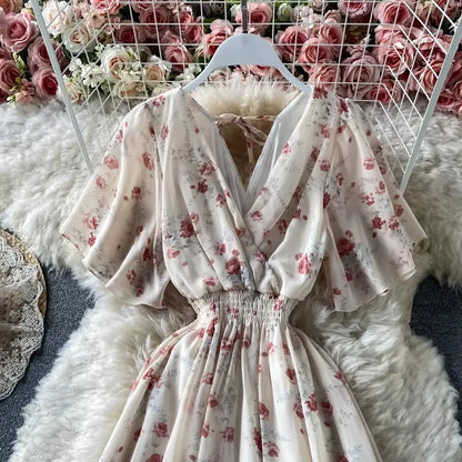 Boho Floral Print Chiffon Maxi Dress Women Sexy V Neck Short Sleeve Long Beach Dress Summer Holiday Sundress Vestidos
