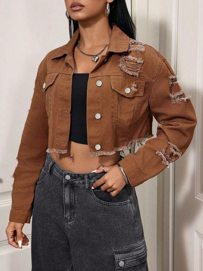 Women's  New Non-Stretch Denim Jacket Distressed Ripped Cropped Fringe Hem Casual Vintage Y2K Streetwear Button Down Coat