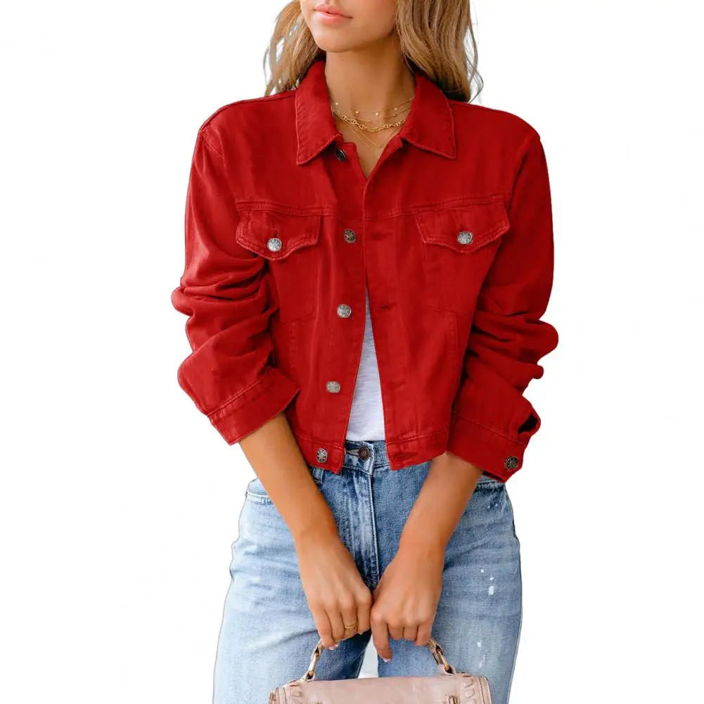 Women's Cropped Denim Jackets Vintage Retro Green Lapel Button Down Jackets With Pockets Slim Fit Autumn Casual Coats
