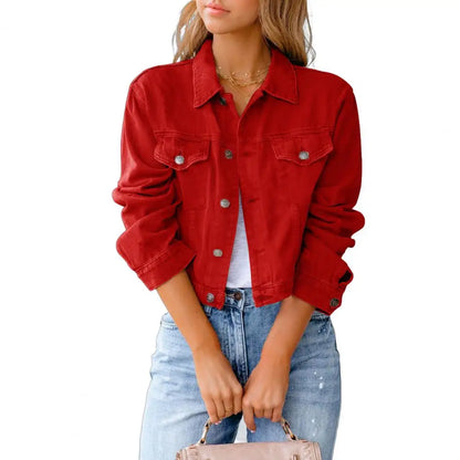 Women's Cropped Denim Jackets Vintage Retro Green Lapel Button Down Jackets With Pockets Slim Fit Autumn Casual Coats