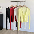 Ribbed Knit Cardigan with Tie Front Ruffled Trim Crop Tops Lightweight Sheer Fitted Cardigan for Women Teen-girl Y2K Outfit