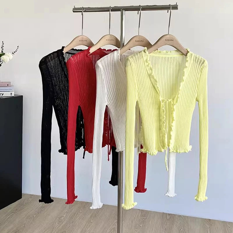 Ribbed Knit Cardigan with Tie Front Ruffled Trim Crop Tops Lightweight Sheer Fitted Cardigan for Women Teen-girl Y2K Outfit