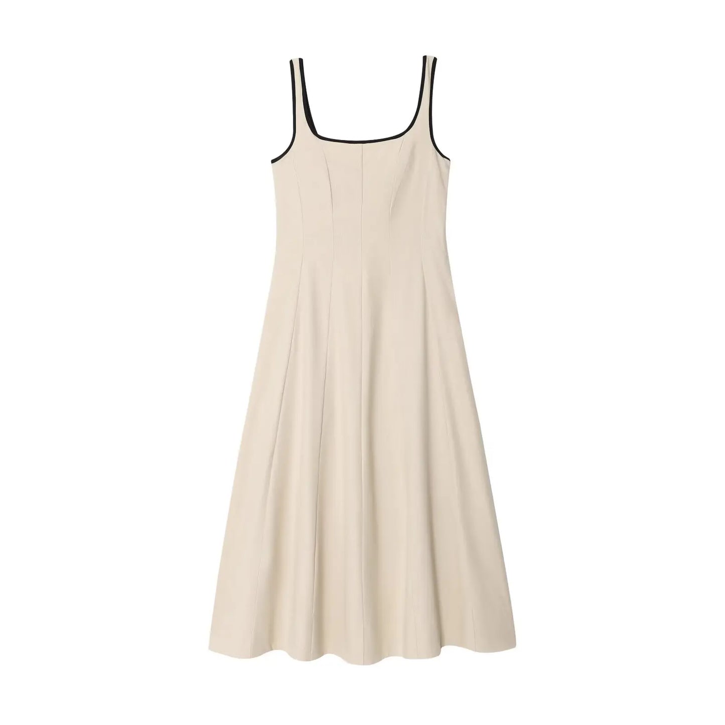 Women Midi Dress Female Casual Suspender Dress Color Contrasting Edge 2025 Summer Ladies Slim Square Collar Elegant Long Dresses