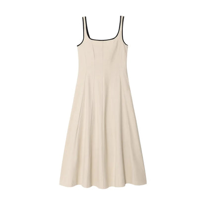 Women Midi Dress Female Casual Suspender Dress Color Contrasting Edge 2025 Summer Ladies Slim Square Collar Elegant Long Dresses