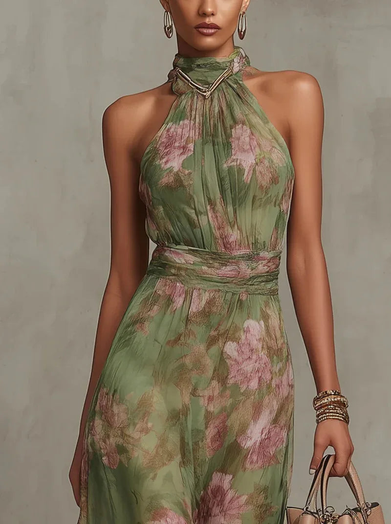 Green Floral Print Maxi Dress Sexy Elegant Halter Sleeveless Hollow Dress Ladies Summer New High Waist Boho Evening Party Dress