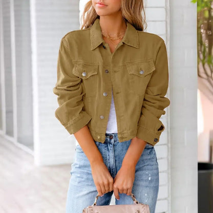 Women's Cropped Denim Jackets Vintage Retro Green Lapel Button Down Jackets With Pockets Slim Fit Autumn Casual Coats