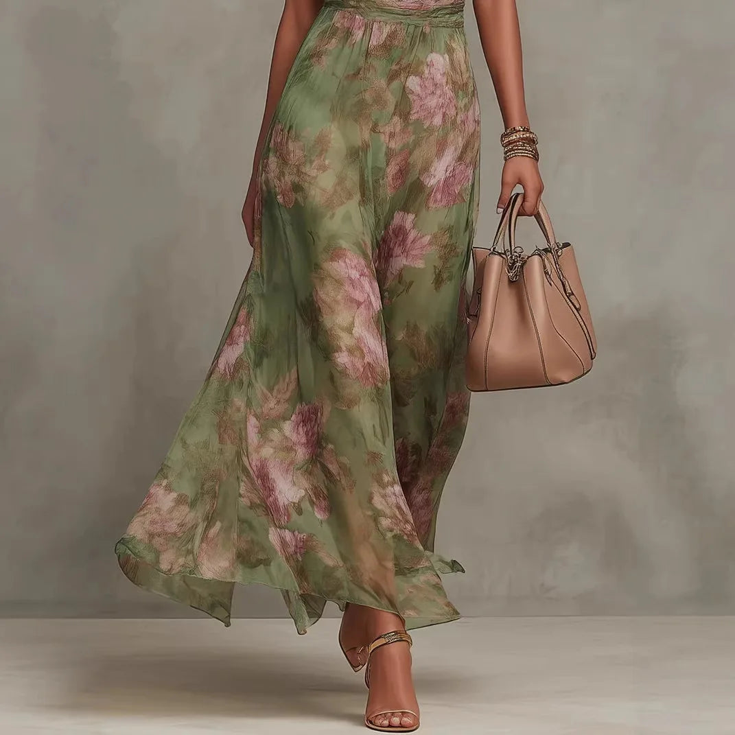 Green Floral Print Maxi Dress Sexy Elegant Halter Sleeveless Hollow Dress Ladies Summer New High Waist Boho Evening Party Dress