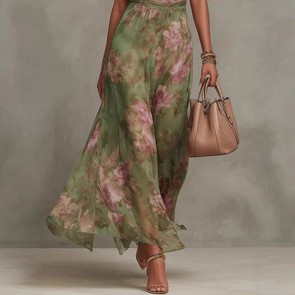 Green Floral Print Maxi Dress Sexy Elegant Halter Sleeveless Hollow Dress Ladies Summer New High Waist Boho Evening Party Dress