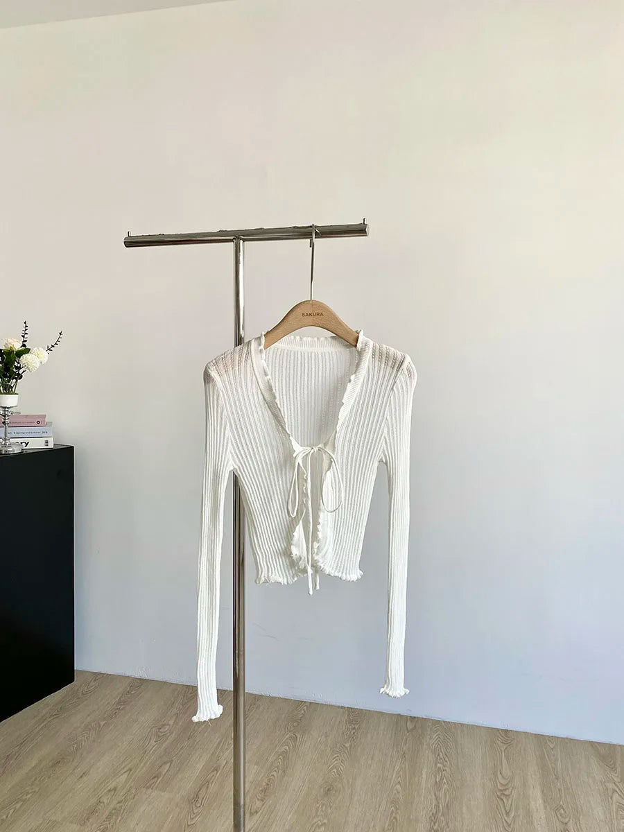 Ribbed Knit Cardigan with Tie Front Ruffled Trim Crop Tops Lightweight Sheer Fitted Cardigan for Women Teen-girl Y2K Outfit