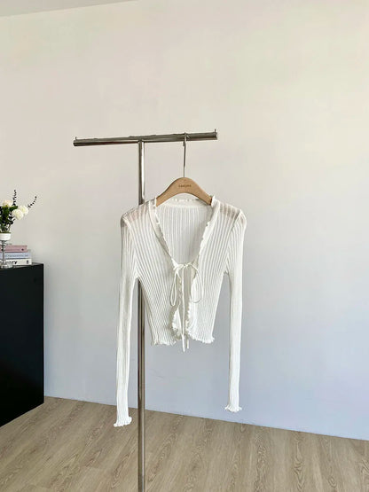 Ribbed Knit Cardigan with Tie Front Ruffled Trim Crop Tops Lightweight Sheer Fitted Cardigan for Women Teen-girl Y2K Outfit