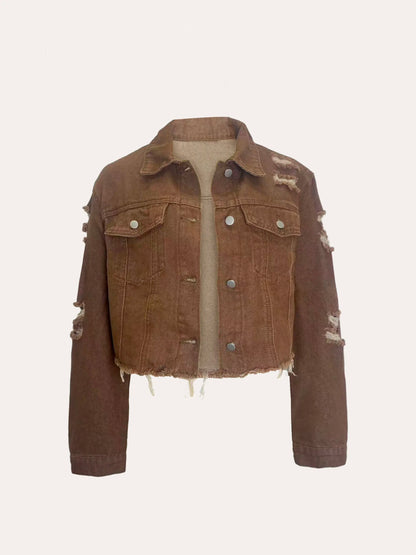 Women's  New Non-Stretch Denim Jacket Distressed Ripped Cropped Fringe Hem Casual Vintage Y2K Streetwear Button Down Coat