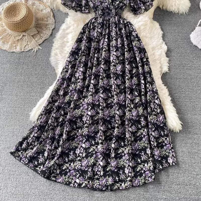 Boho Floral Print Chiffon Maxi Dress Women Sexy V Neck Short Sleeve Long Beach Dress Summer Holiday Sundress Vestidos