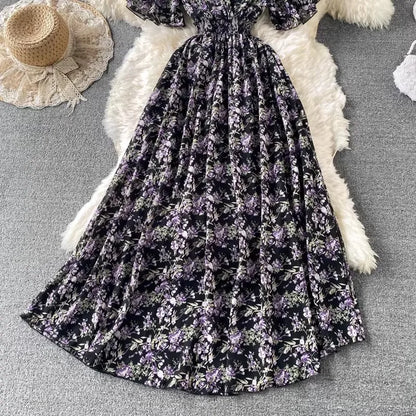 Boho Floral Print Chiffon Maxi Dress Women Sexy V Neck Short Sleeve Long Beach Dress Summer Holiday Sundress Vestidos