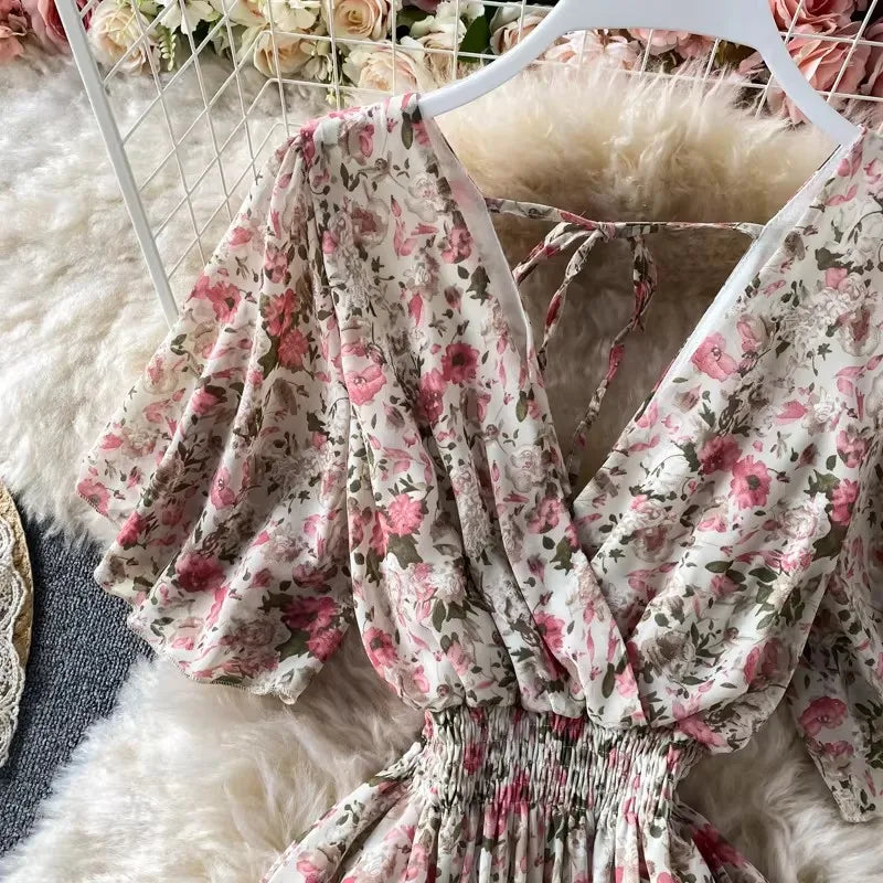 Boho Floral Print Chiffon Maxi Dress Women Sexy V Neck Short Sleeve Long Beach Dress Summer Holiday Sundress Vestidos