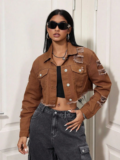 Women's  New Non-Stretch Denim Jacket Distressed Ripped Cropped Fringe Hem Casual Vintage Y2K Streetwear Button Down Coat