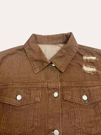 Women's  New Non-Stretch Denim Jacket Distressed Ripped Cropped Fringe Hem Casual Vintage Y2K Streetwear Button Down Coat