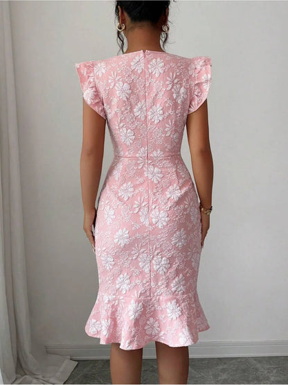 A lady’s elegant floral-print maxi dress with a single shoulder strap, wide puff sleeves, gathered waistline, and a spring/fall