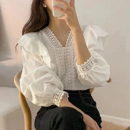 V-neck Ruffles Puff Sleeve Women Blouse Long Sleeve Tops Long Sleeve White Shirts Fashion Casual Office Lady Elegant Clothing