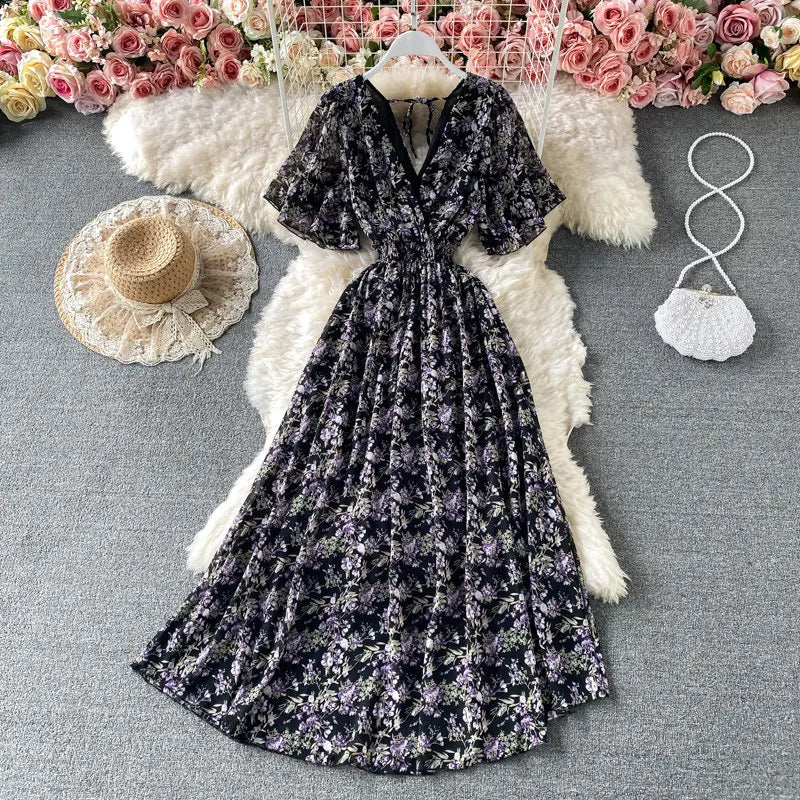 Boho Floral Print Chiffon Maxi Dress Women Sexy V Neck Short Sleeve Long Beach Dress Summer Holiday Sundress Vestidos