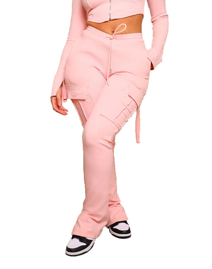Cargo Pant Women Long Pants Sexy Slim Fit Casual Drawstring Splice Button Pocket Straight Trousers Lace Up High Elastic Waist
