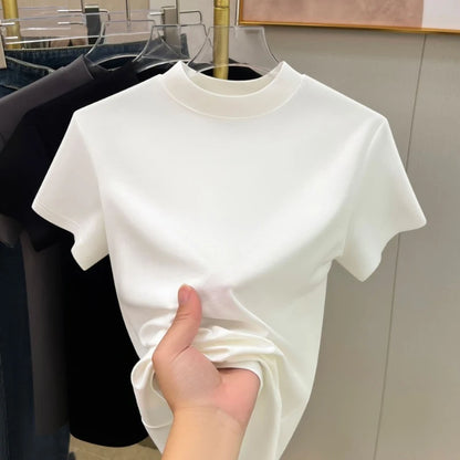 Casual Short Sleeve Women T-shirts Summer New Solid Color Slim Fit Elegant Basic Tees Top Shirts Half High Neck Simple Tshirt