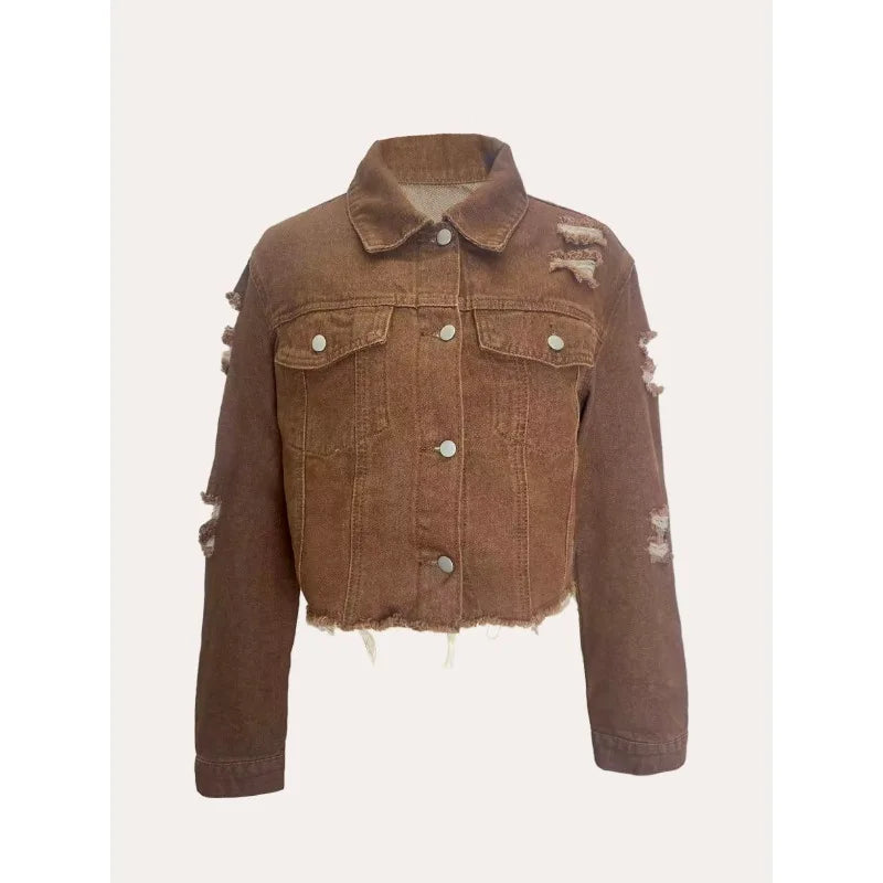 Women's  New Non-Stretch Denim Jacket Distressed Ripped Cropped Fringe Hem Casual Vintage Y2K Streetwear Button Down Coat