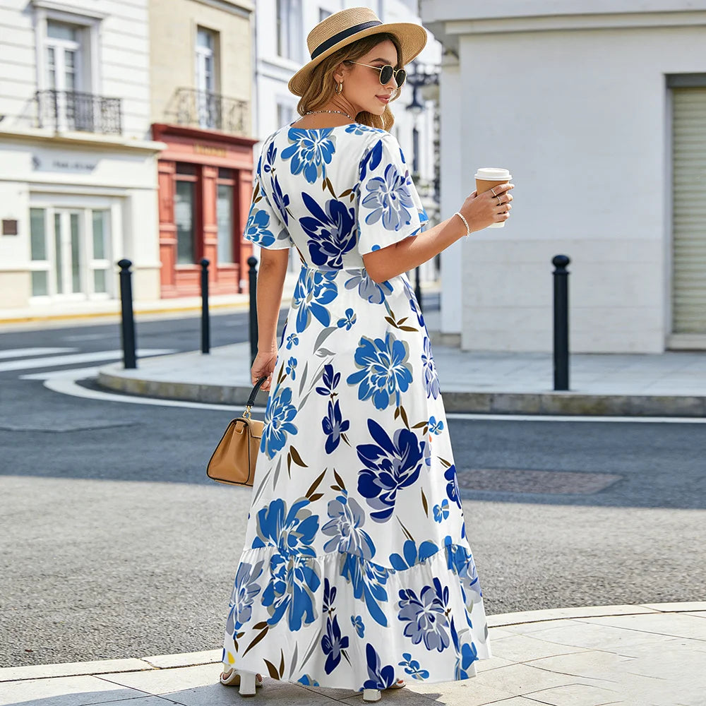 Women's   Floral Print Ruffle Sleeve Maxi Dress Summer Casual Round Neck Waist Dress