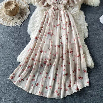 Boho Floral Print Chiffon Maxi Dress Women Sexy V Neck Short Sleeve Long Beach Dress Summer Holiday Sundress Vestidos