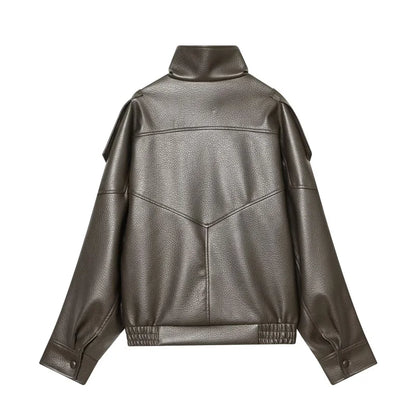 Women's Jacket Fall 2025 New Black Long Sleeve Pebble Faux Leather Jacket Motorcycle Style Personality Fashion