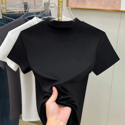 Casual Short Sleeve Women T-shirts Summer New Solid Color Slim Fit Elegant Basic Tees Top Shirts Half High Neck Simple Tshirt