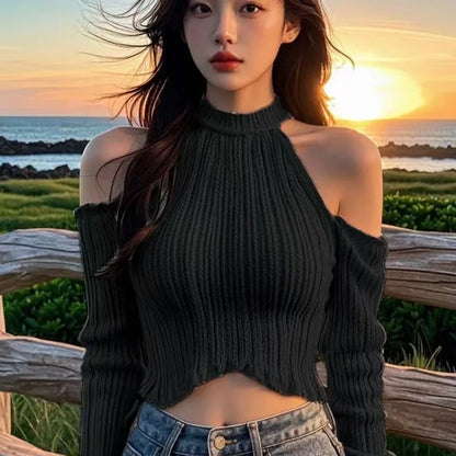 2026 Solid Elegant Off Shoulder Ribbed Crop Tops Autumn Fashion Casual Skinny Long Sleeve Camis Gentle Y2K Tight T-shirts