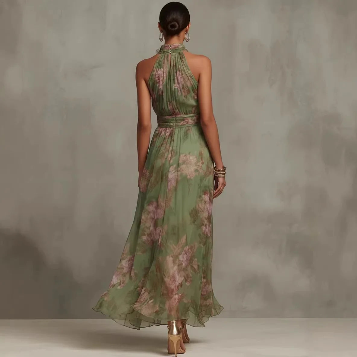 Green Floral Print Maxi Dress Sexy Elegant Halter Sleeveless Hollow Dress Ladies Summer New High Waist Boho Evening Party Dress