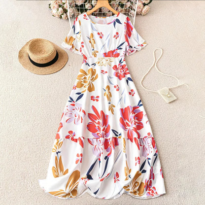 Women's   Floral Print Ruffle Sleeve Maxi Dress Summer Casual Round Neck Waist Dress